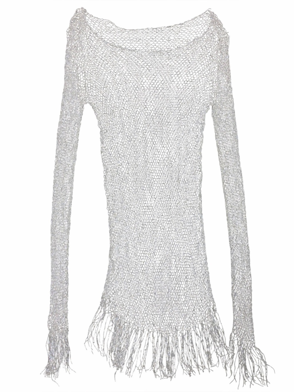 Vintage Beaded Fringe Mesh Long Sleeve Dress